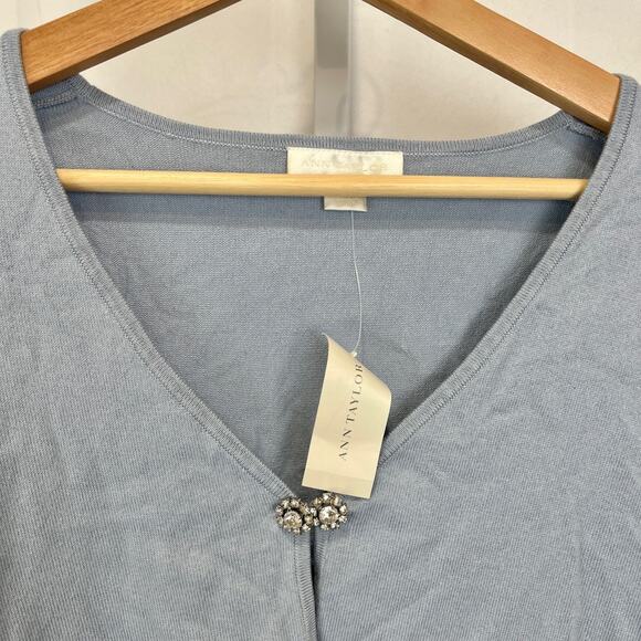 NWT ANN TAYLOR Cropped Cardigan Sweater 3/4 Sleeve Jewel Close Blue Silk XL - Picture 4 of 8